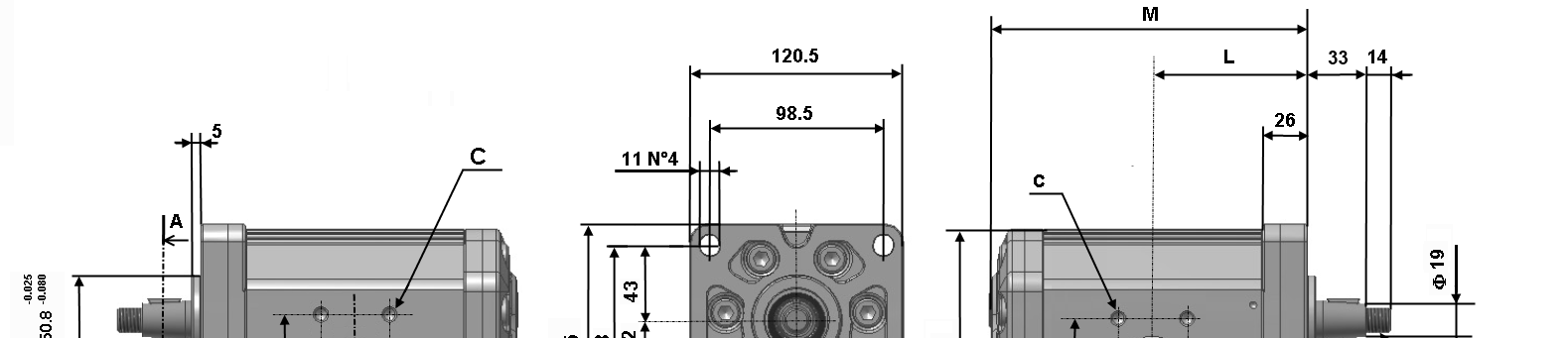 ELI3 Mandata Aspirazione Pompa Portata Pressioni di lavoro Velocità di rotazione Rumorosità a 1 giri/min * Dimensioni Cilindrata a Tipo 1 giri/min P1 Max cont. P2 Max intermitt.