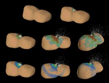 Modelli numerici idrodinamici per modellare il risultato di un impatto su un asteroide.