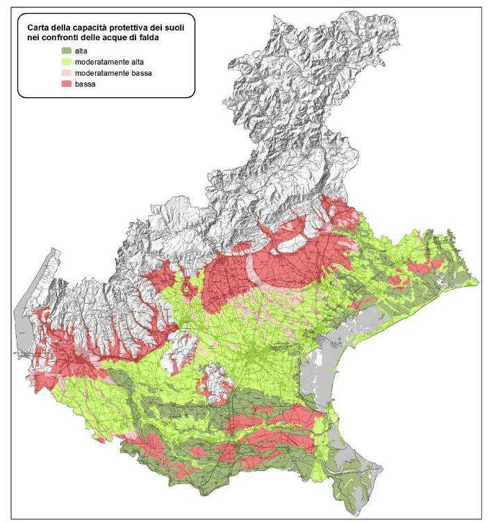 Figura 7: Carta della capacità protettiva dei suoli di pianura nei confronti delle acque di falda. Fonte: Elaborazione dati ARPAV 2008. 2. PERMEABILITÀ DEI SUOLI DEL VENETO 2.