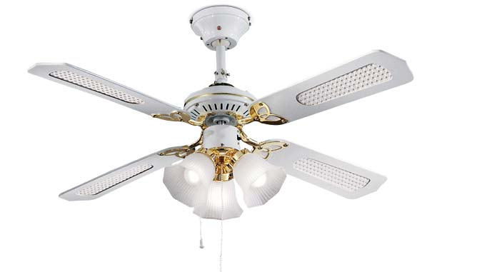 7060 B Ventilatore metallo finitura bianco, 4 pale con kit luce in vetro 3xE27 max 60W.