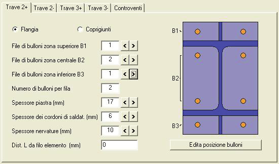Giunto con flangia Nel caso di giunto con tipologia a flangia la finestra contiene i seguenti parametri geometrici: File di bulloni zona superiore B1 Si possono definire i seguenti valori: 0 non