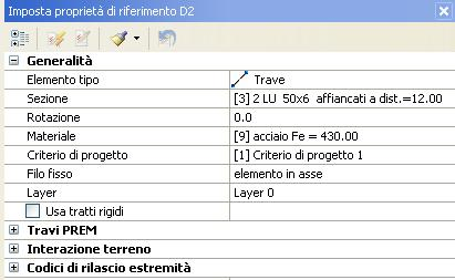 =12.00, Materiale [9] acciaio Fe = 430.00. Lasciare le altre proprietà come di default (è possibile comunque cambiarle cliccando sulla voce di interesse e scegliendo dal menu a tendina).