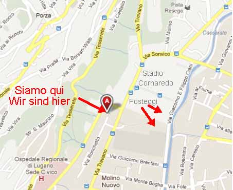 Walo Mina Via Ronchetto 12 6900 Lugano Mappa In auto Da sud: Uscita autostradale Lugano SUD, percorrere il Lungolago e continuare costeggiando il fiume Cassarate (seguire segnalazione STADIO) Da