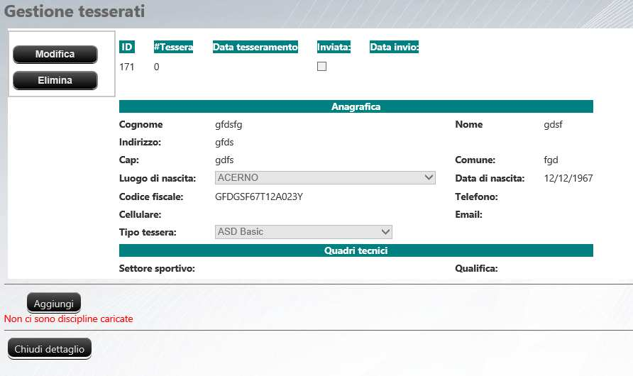 Dalla griglia dei tesserati selezionando Dettagli viene visualizzato in dettaglio il tesserato con le