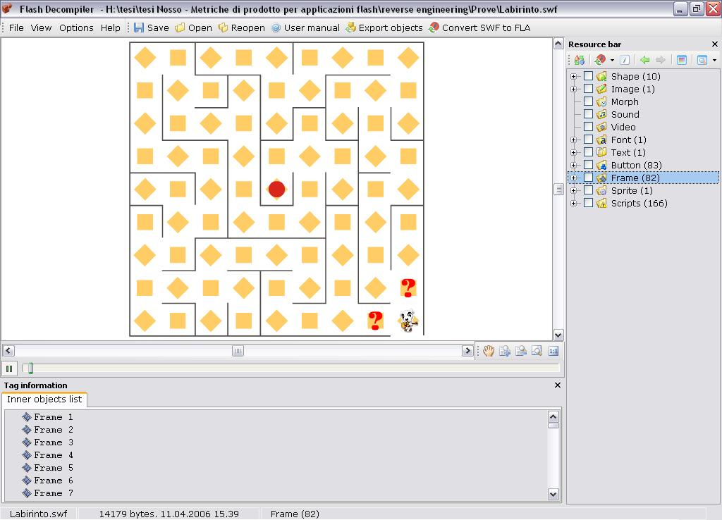 Un ulteriore caso di studio (1) Estrazione delle informazioni Applichiamo il Flash Decompiler all applicazione labirinto.swf.