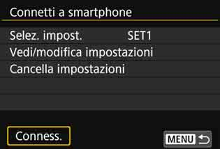 Riconnessione La fotocamera può riconnettersi a una funzione Wi-Fi di cui sono già state registrate le impostazioni di connessione. 1 2 Selezionare [Impostazioni comunicazione].