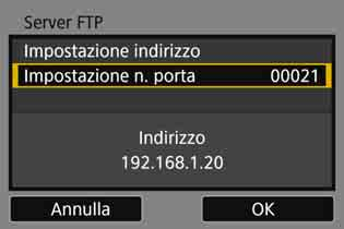 Configurazione delle impostazioni di connessione a un server FTP 4 5 6 7 Impostare il numero di porta. Il valore da selezionare per [Impostazione n.