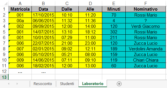 Quando la matricola digitata (colonna A) è inesistente, nella colonna "Nominativo" sulla riga corrispondente deve