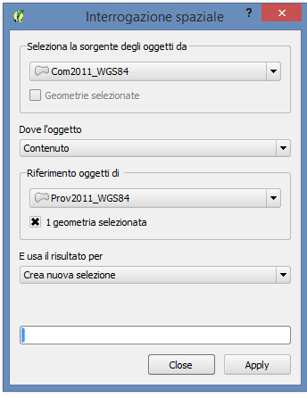 Selezione mediante overlay grafico Dal menù Vettore Interrogazione spaziale Layer sorgente Condizione Layer di