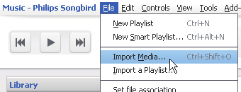 Impostazione della cartella di controllo In Philips Songbird, impostare la cartella di controllo nel seguente modo: Importazione dei file multimediali Importazione di file multimediali dalle altre