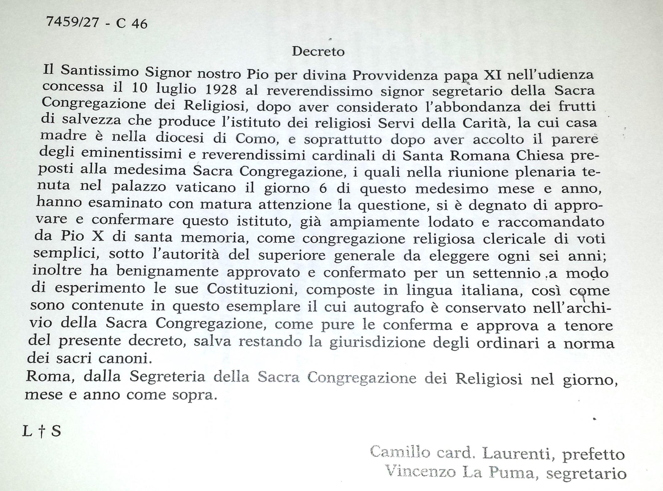 Decreto della Santa Sede che erige