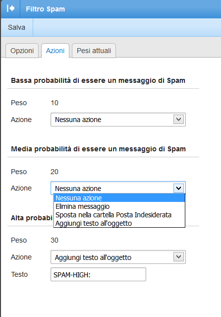 Selezionate la cartella (tab) Azioni per decidere la azione da compiere sul messaggio sulla base della probabilità assegnatagli di essere una comunicazione indesiderata.