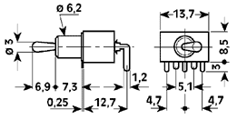 9 mm - Contatti: a saldare in ottone argentato Portata 3A - 250V Movimento della leva: alto-basso Lunghezza leva tipo 6000-0134 6.