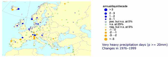 Giorni con precipitazioni 20 mm Trend eterogeneo (1976-1999) Incremento nel nord