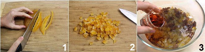 Per preparare lo stollen iniziate a tagliare l'arancia candita in fette e riducetela a cubetti (1-2).