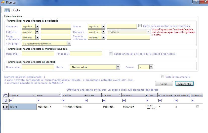 A questo punto compariranno i risultati nella griglia e facendo doppio click sul proprietario desiderato (Fig.
