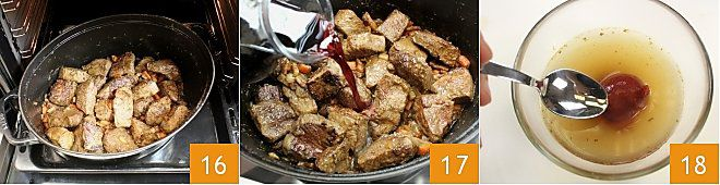 quando la carne si sarà asciugata (14), aggiungete la farina setacciata in due riprese (15).