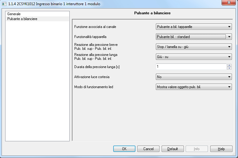 Messa in servizio 2.1.5.2 Puls.bil. - Standard Funzionalità tapparella Attraverso questo parametro è possibile scegliere tra le seguenti modalità di controllo delle tapparelle: Pulsante bil.