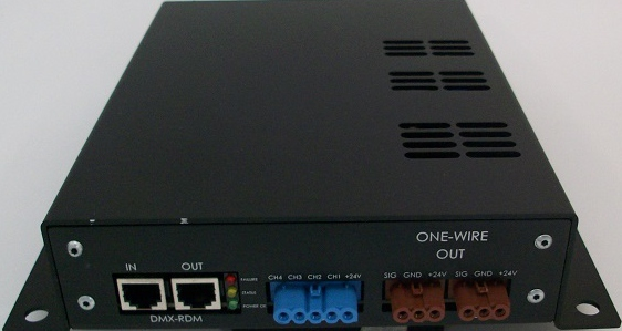 DDS757 è un controller DMX/RDM con due uscite OneWire, ed una uscita PWM in tensione costante da 4 canali.