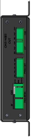 Wiring: DMX/RDM Input Pin 1 DMX b Pin 2 DMX a + Pin3 GND shield Rj45 8 pins DMX/RDM output Pin 1 DMX b Pin 2 DMX a + Pin3 GND shield Rj45 8 pins Led Status: Red = Fault Yellow = status DMX Green =