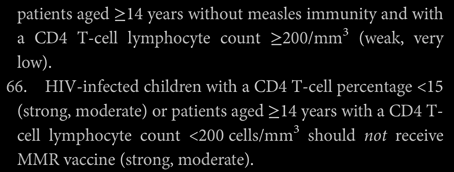 HIV-infected patients aged 14 years without measles immunity and with a CD4 T-cell lymphocyte count 200/mm 3 (weak, very low). 66.