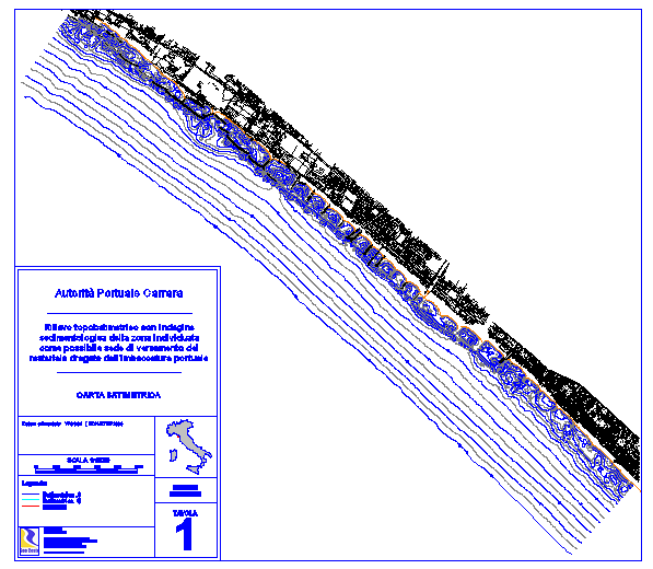Fig. 4 - Carta batimetrica dell'area rilevata Elaborazione dati granulometrici Nella schede riportate in allegato le dimensioni dei sedimenti (Media e 1 Percentile) sono espresse in mm ed in phi ma