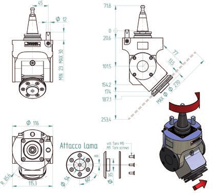 Lubrificati ad olio Oil lubricated H6314H0388 lubrificato ad olio lama inclinazione 45 ; attacco ISO 30 oil lubricated with inclined blade 45 ; ISO 30 coupling Velocità di rotazione elettromandrino