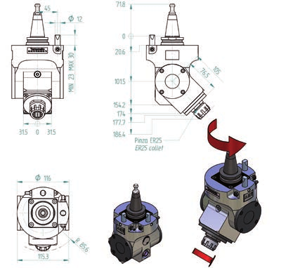 Lubrificati ad olio Oil lubricated H6314H0273 pinza ER25 inclinazione 45 lubrificato ad olio; attacco HSK oil lubricated with inclined ER25 collet; HSK coupling Velocità di rotazione elettromandrino