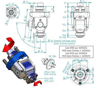 Fresatura Milling H6314H0173 orientamento ed inclinazione variabili manualmente, porta lama + porta pinza ER25 attacco HSK F63 speciale manually changeable orientation and inclination, blade and ER25