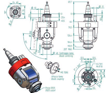 Taglio Cut H6314H0340 orientamento ed inclinazione variabili manualmente, porta lama + porta pinza ER25 attacco speciale ISO 30 manually changeable orientation and inclination, blade and ER25 collet