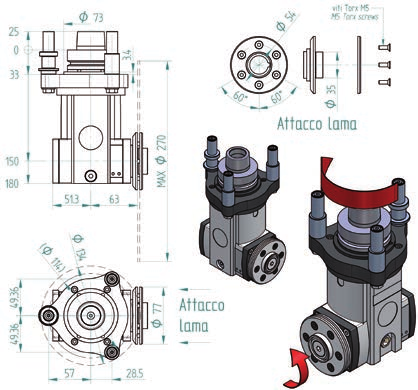 Taglio Cut H6314H0410 1 uscita lama; attacco HSK F63 speciale 1 blade outlet; HSK F63 custom coupling Velocità di rotazione elettromandrino / Electrospindle rotation speed Diametro codolo / Tool