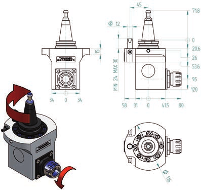 Fresatura Milling H630213700 fresature orizzontali uscita pinza ER25; attacco ISO 30 horizontal milling ER25 collet; ISO 30 coupling Velocità di rotazione elettromandrino /Electrospindle rotation