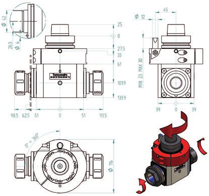 Fresatura Milling H630212000 2 uscite pinza ER32; + lama attacco HSK F63 orientabile da 0 a 360 2 ER32 spindles + circular blade HSK F63 coupling rotation 0 to 360 Velocità di rotazione