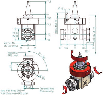 Fresatura Milling H6314H0402 1U pinza ER32 + lama/pinza ER32; attacco ISO 30 ER32 collet + ER32/blade; ISO 30 coupling Velocità di rotazione elettromandrino /Electrospindle rotation speed 11430 ( ) /