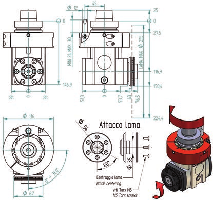 Taglio Cut H6314H0376 1 uscita lama orizzontale; attacco HSK F63 1 horizontal blade outlet; HSK F63 coupling Velocità di rotazione elettromandrino / Electrospindle rotation speed Diametro codolo /