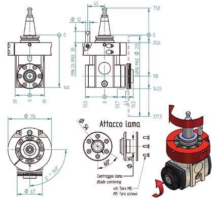 Taglio Cut H6314H0394 1 uscita lama orizzontale; attacco ISO 30 1 horizontal blade; ISO 30 coupling Velocità di rotazione elettromandrino / Electrospindle rotation speed Diametro codolo / Tool