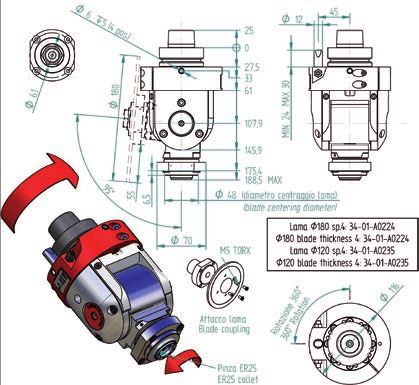 Taglio Cut B6314B0031 orientamento ed inclinazione variabili manualmente; portalama + portapinza ER25; attacco HSK F63 manually changeable orientation and inclination; blade and ER25 collet holder