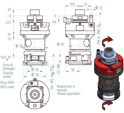 Flottanti/Copiatori Floating/Copier B6314B0012 flottante; attacco HSK F63 tracing spindle; HSK F63 coupling Velocità di rotazione elettromandrino / Electrospindle rotation speed Diametro codolo /