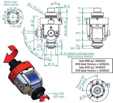 Vari Special H6314H0196 orientamento ed inclinazione variabili manualmente; riferimento per 5 Posizioni; porta lama + porta pinza ER25 manually changeable orientation and inclination; reference for 5