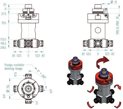 Vari Special H6314H0295 4 uscite pinza ER25 3DX + 1SX; attacco HSK F63 4 outlets ER25 collet 3RH + 1LH; HSK F63 coupling Velocità di rotazione elettromandrino /Electrospindle rotation speed Diametro