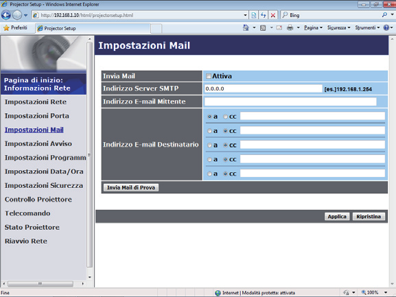 3. Controllo web 3.1 Controllo web proiettore (continua) 3.1.5 Impostazioni Mail Visualizza e configura le impostazioni degli indirizzi e-mail.
