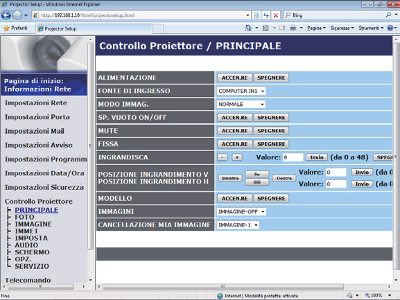 3. Controllo web 3.1 Controllo web proiettore (continua) 3.1.10 Controllo Proiettore È possibile eseguire le voci della tabella di seguito dal menu Controllo Proiettore.