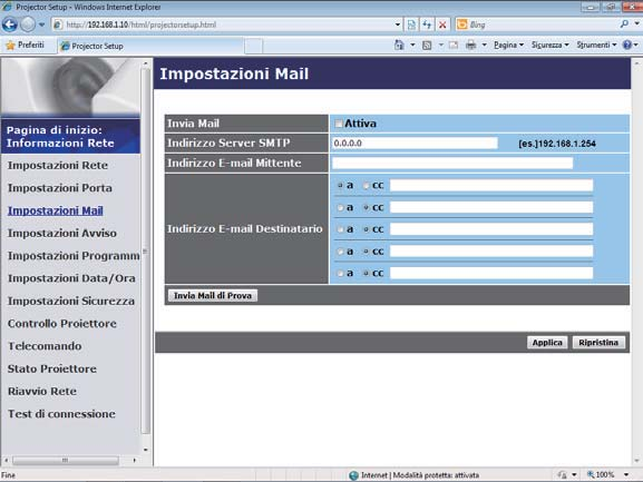 3. Controllo web 3.1 Controllo web proiettore (continua) 3.1.5 Impostazioni Mail indirizzi e-mail.