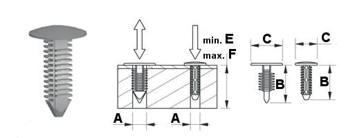 Rivetti Rivetto "PineTreeClip" Adatto per fori con tolleranza nel diametro. Adatto per fori ciechi e per fori con e senza filettatura. Montaggio rapido, di solito anche senza attrezzatura.