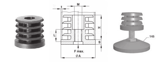 Tappi con filettatura Tappo filettati per tubi tondi A combinazione con piedini regolabili gruppo 148 Carico assiale: massimalmente 300 kg (= F max) Materiale: Poliammide Altri esecuzioni su