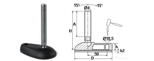 TECNODIN Piedini Piedini regolabili con base asimetrico Piedini di appoggio regolabili con piatto asimmetrico Materiale: Piede costruito con rinforzato PA 6 nero Vitecostruita in acciaio (penultima