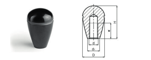 Impugnatura a manico a forma conica TECNODIN Sfere a forma conica con scanalatura Materiale: Duroplasto FS 31 DIN 7708 articolo D H d d1 e 6110519101 19 30 M5 10 8 6110522101 22 34 M6 13 14 articolo