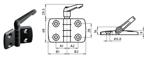 Elementi di manovra / leve Cerniera componibile con leva di bloccagio Cerniera componibile con leva di bloccaggio Descrizione: Per componenti di superficie e profili di alluminio.