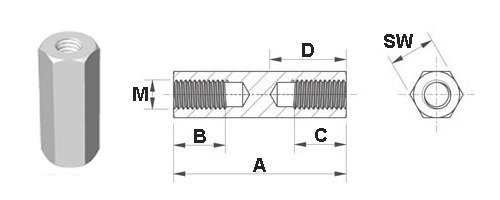 Distanziatore in acciaio zincato articolo SW M1 M2 A B C D 304535041152 8 M5 M5 35,0 10,0 10,0 15,0 304540041152 8 M5 M5 40,0 10,0 10,0 15,0 304545041152 8 M5 M5 45,0 10,0 10,0 15,0 304550041152 8 M5