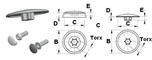 Calotte per rivetti chiechi e viti (SIT) Torx/Pozidrive/Testa brugola Calotte per viti Torx Tappo sagomato per diverse viti SIT e Torx. Protegge contro lo sporco, danneggiamenti e smontaggio involuto.